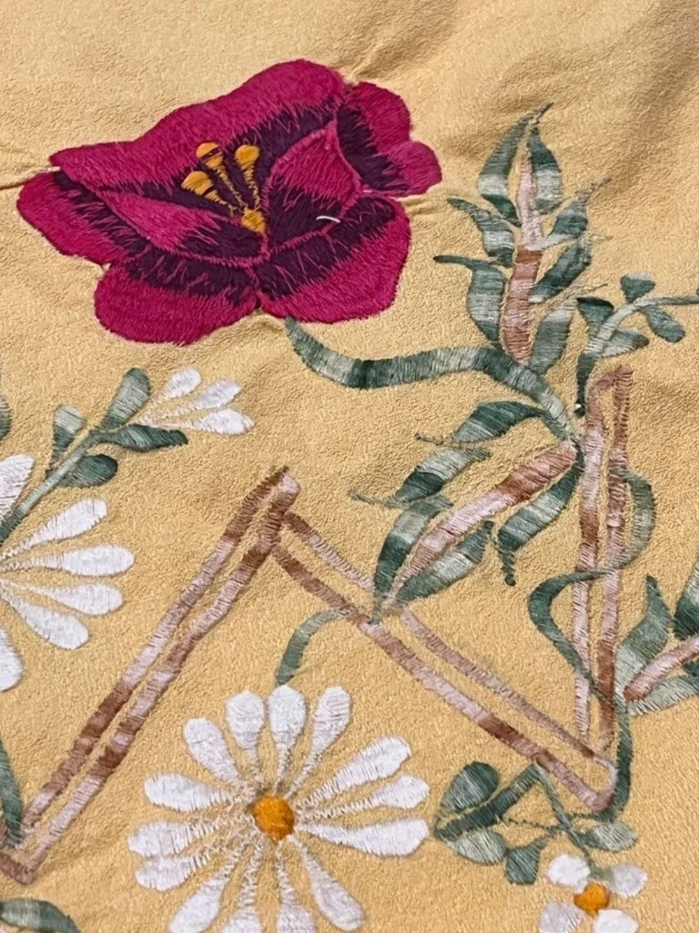 Vintage Yellow Embroidered Floral Tablecloth Rectangle 57
